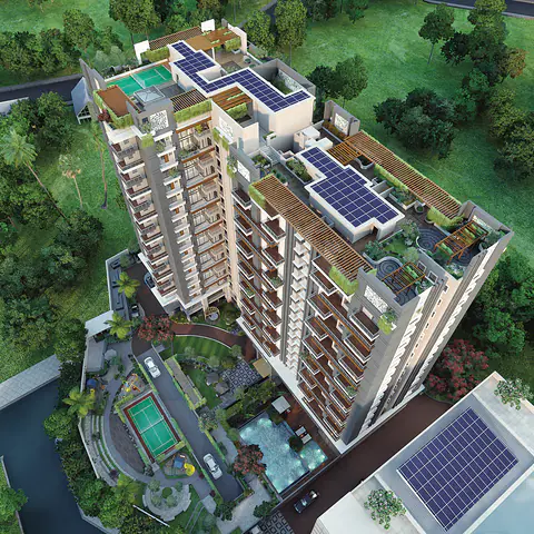 Aerial view of the tower rooftop with solar panels, pergolas and terrace gardens, above the podium pool, court and landscaped grounds