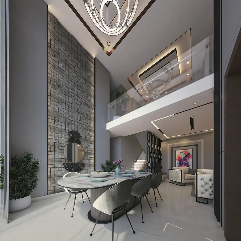 Double-height living and dining room with a sculptural chandelier, stone feature wall and an upper-level gallery