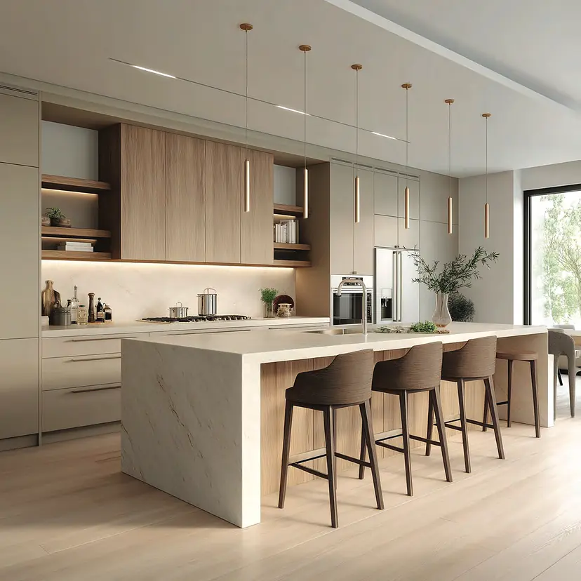 Modular kitchen with a marble island, bar stools, pendant lights and timber cabinets