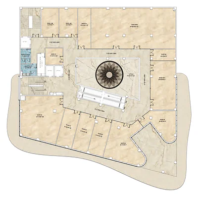 Pretium Mall 2nd floor plan: retail shops around the atrium with a landscaped terrace edge