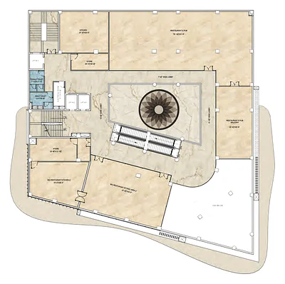 Pretium Mall 4th floor plan: restaurants with kitchens, stores and a balcony around the atrium void
