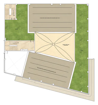 Pretium Mall terrace plan: terrace with green areas and roof structures