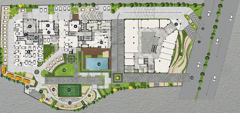 Site plan of Vicint Marquis showing 21 numbered places: entries, wing lobbies, club, banquet hall, courts, pool, plaza and mall landscape. Each place is named in the list that follows.