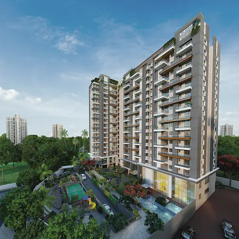 Daytime view of the Vicint Marquis residential tower rising above its landscaped podium and pool